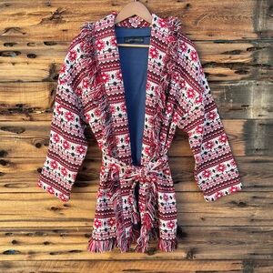 ZARA | Red Aztec Southwestern Fringe Tie Belt Sweater Cardigan M